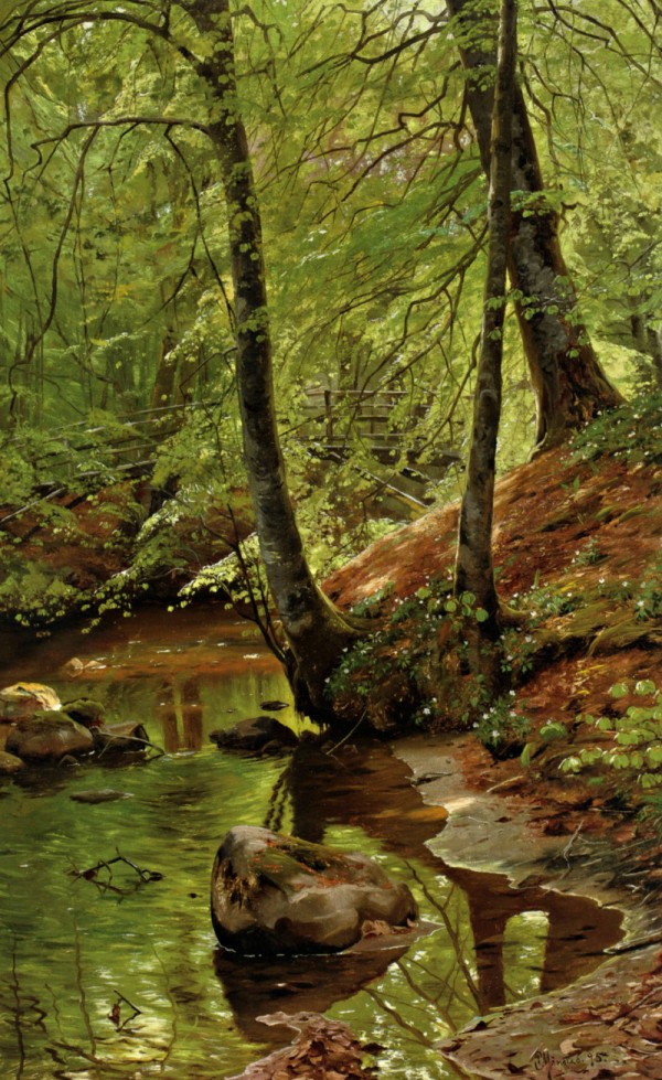 Landscape with a bridge crossing a river in the forest by Peter Mork Monsted